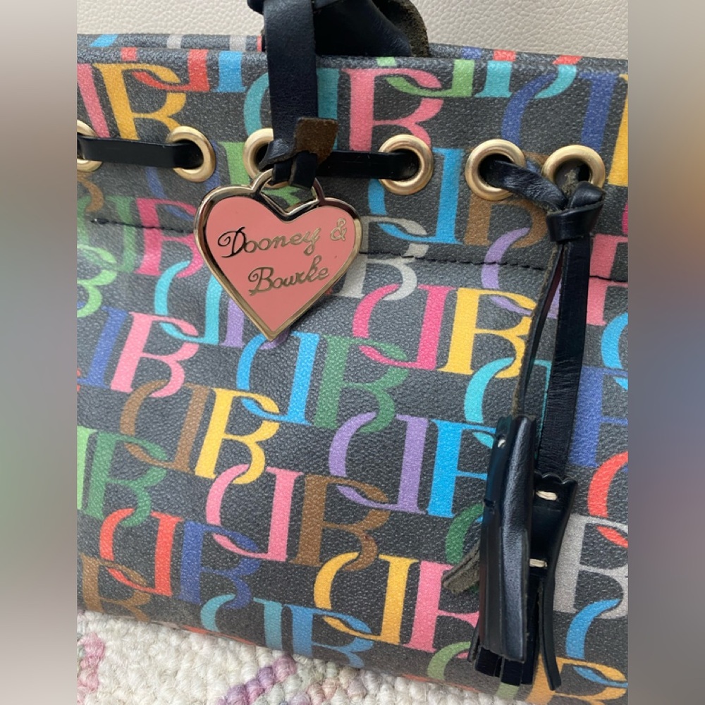 Dooney & Bourke Multicolor DB Monogram Drawstring Bag Canvas Leather Trim Y2K - Picture 4 of 14